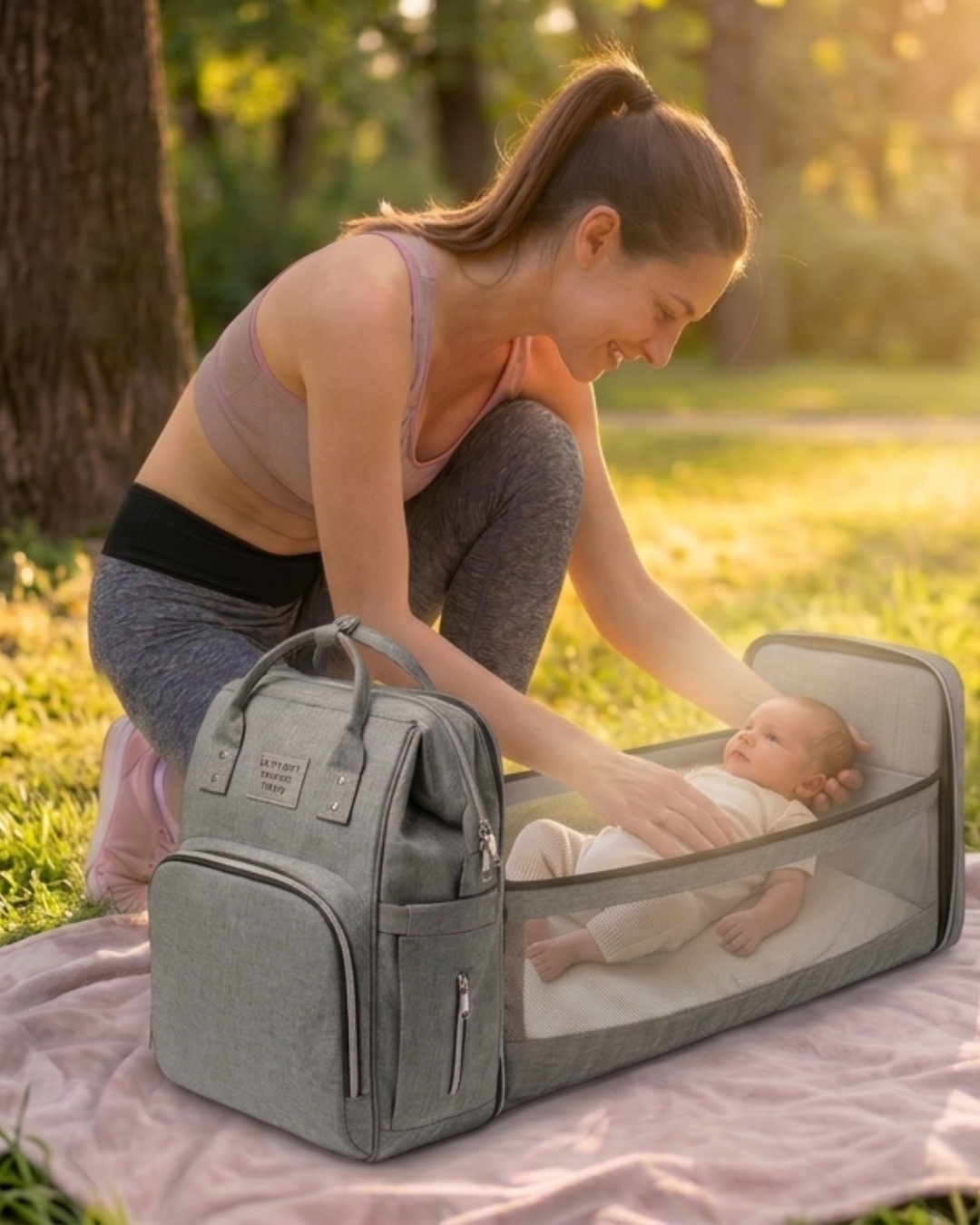 Mamá acomodando a su bebé en la cuna desplegada en el parque
