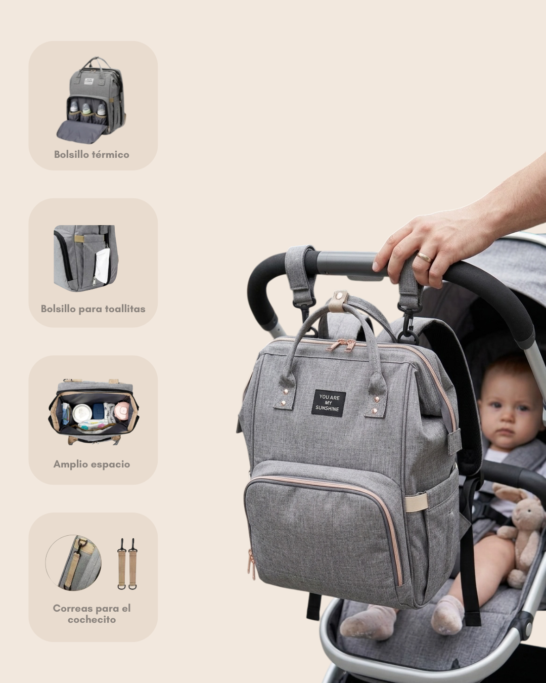 Detalles de la mochila: bolsillo térmico, bolsillo para toallitas, amplio espacio y correas para el cochecito