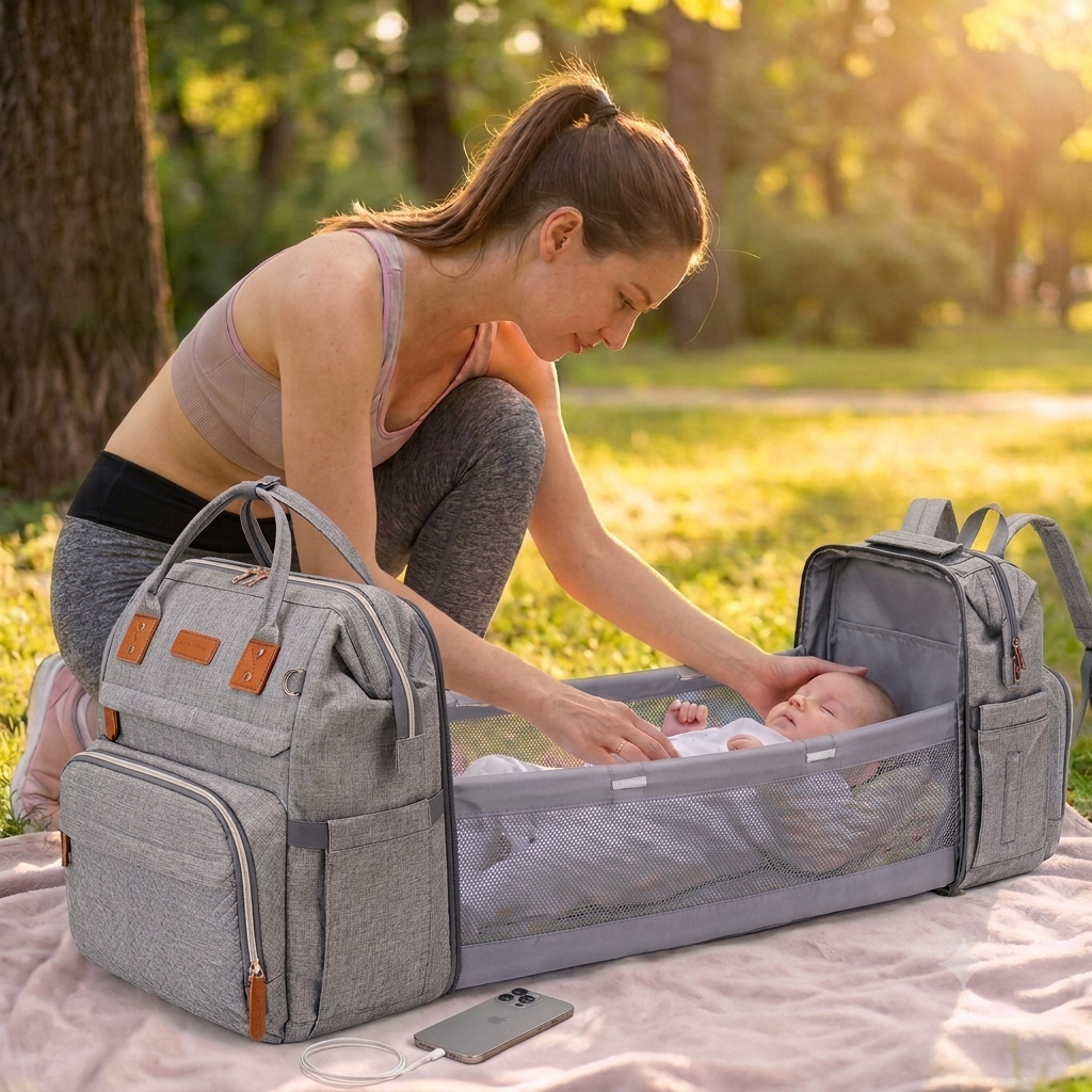 Mamá con su bebé descansando en la cuna desplegada en el parque